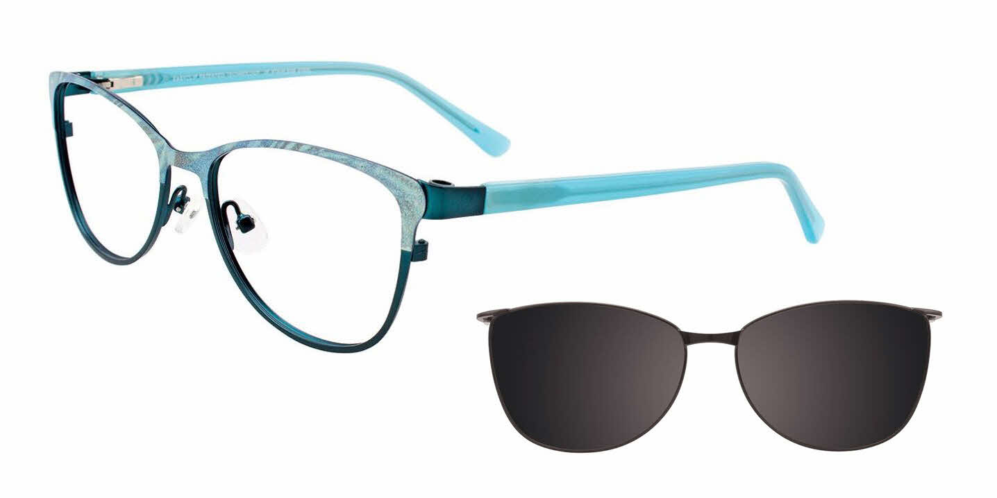  clear lens/satin dark teal aqua with polarized grey clip on lens